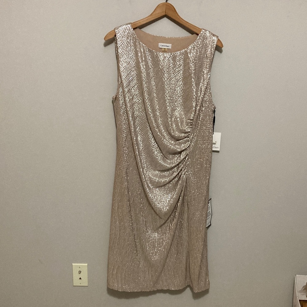 Calvin Klein Shimmering Metallic Gold Sleeveless Sheath Dress, Plus Size 16, 16W - Picture 3 of 14
